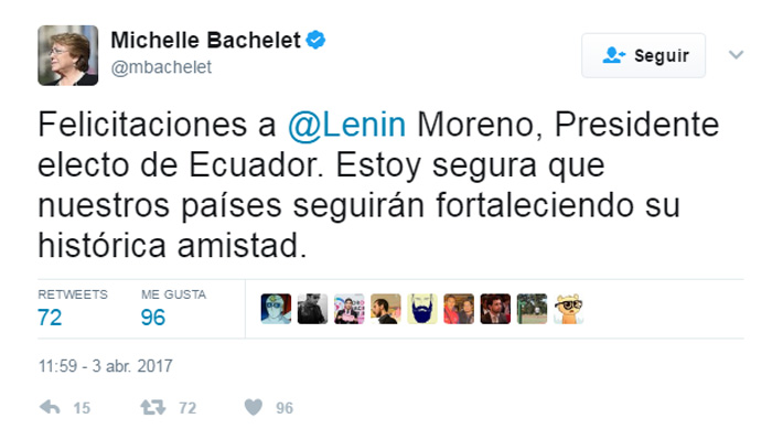 Bachelet felicita a presidente electo de Ecuador: 