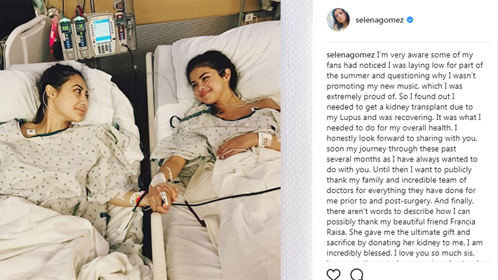 Selena Gomez recibió un trasplante de riñón y la donante fue su mejor amiga