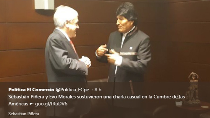 Medio peruano revela encuentro entre Piñera y Morales durante la Cumbre de Las Américas