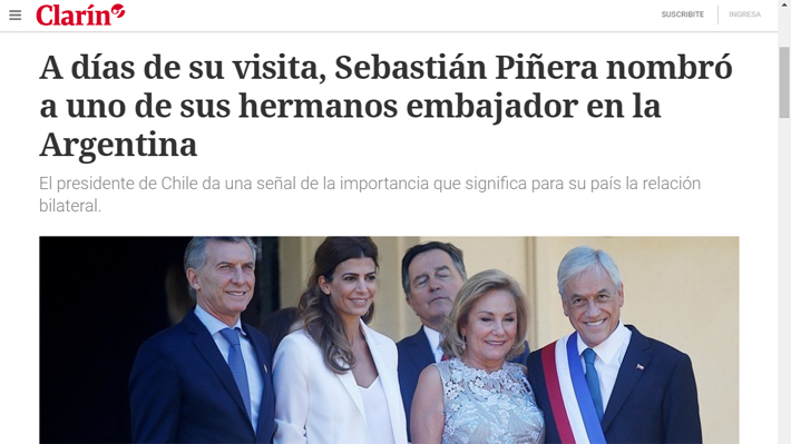 Entre elogios y el "fantasma del nepotismo": Medios argentinos destacan llegada de hermano de Piñera como embajador
