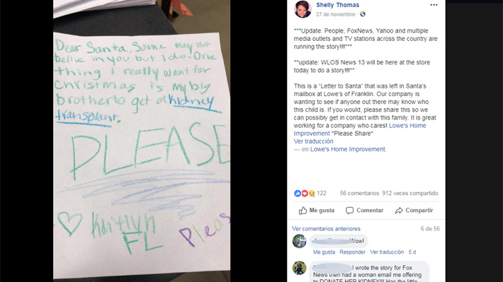 Buscan a niña que dejó conmovedora carta al Viejito Pascuero en EE.UU.: Pidió un trasplante de riñón para su hermano