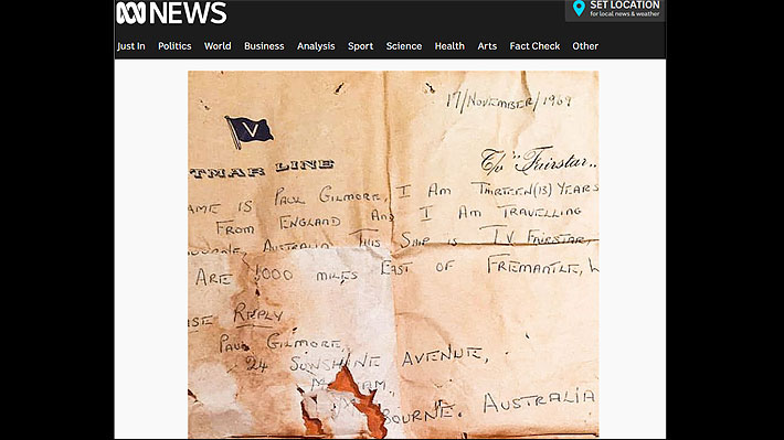 Pescador australiano halla una botella con un mensaje que habría sido escrito hace 50 años