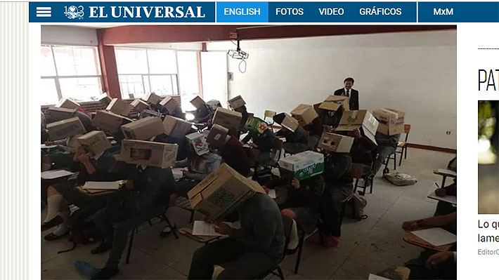 Acusan a profesor de un colegio en México de tapar con cajas las cabezas de sus alumnos para evitar que copiaran