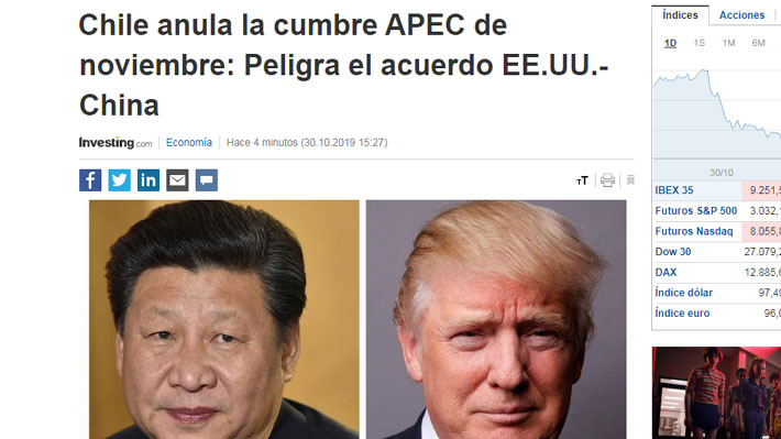 Prensa internacional tras suspensión de APEC y COP25: "Peligra el acuerdo EE.UU. y China"