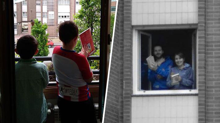 Vecinos de Gijón salieron a sus ventanas y balcones para homenajear al fallecido Luis Sepúlveda por el Día del Libro