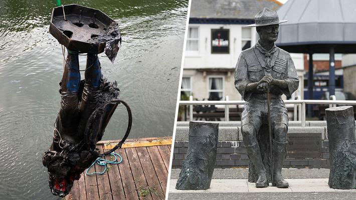 Recuperan estatua que fue lanzada a un río en Bristol y retiran una del fundador de los Boys Scouts para evitar ataques