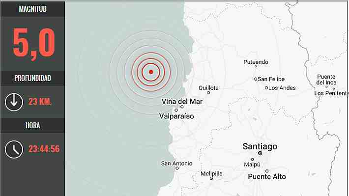 Sismo de magnitud 5,0 se percibió entre las regiones de Valparaíso y Metropolitana