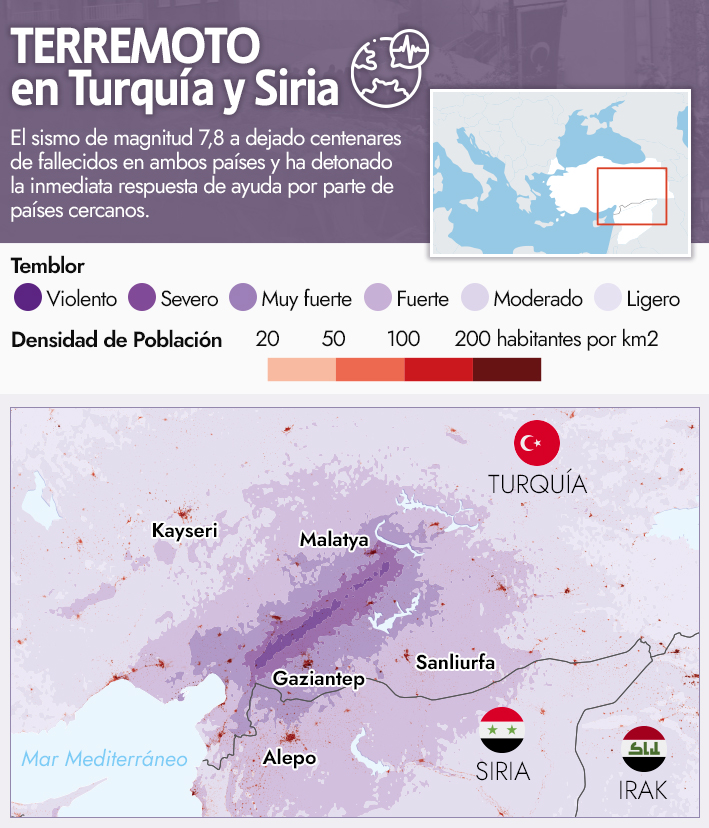 A magnitude do sismo na Turquia e Síria desenhada no mapa de