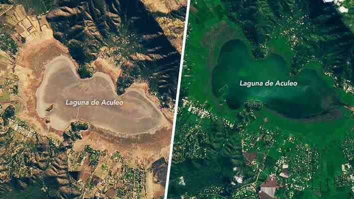 NASA publica imágenes del antes y después de la laguna Aculeo tras el paso del sistema frontal: "El agua regresa"