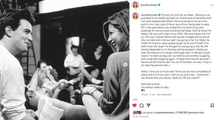 Jennifer Aniston habla de forma pública por primera vez sobre la muerte de Matthew Perry: Estaba "feliz" y "sano"