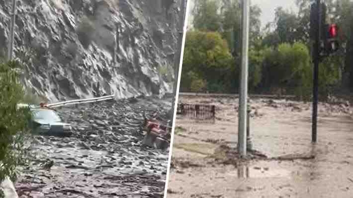 Fuertes lluvias provocan deslizamiento de tierra en Camino a Farellones, desbordes en Las Condes e inundaciones en Maipú