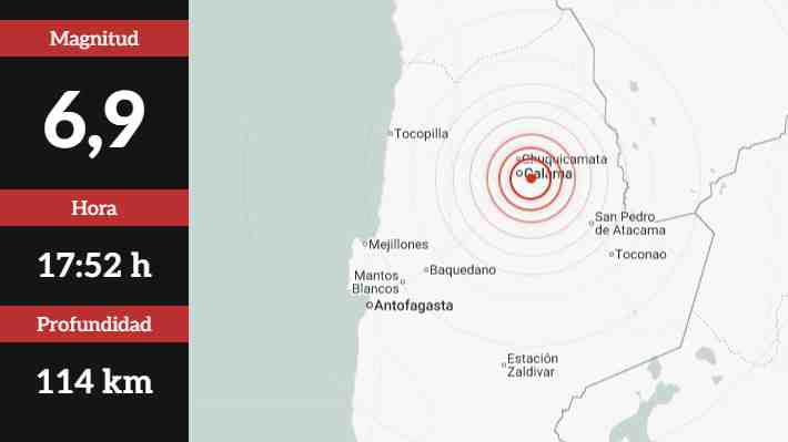 Fuerte sismo de 6,9 se registra cerca de Calama: SHOA descarta riesgo de tsunami en costas chilenas