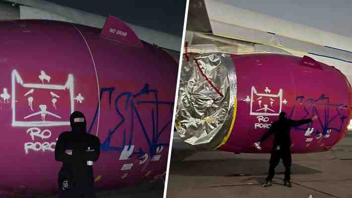 Hombre viola seguridad del aeropuerto de Santiago y vandaliza con grafiti un avión estacionado
